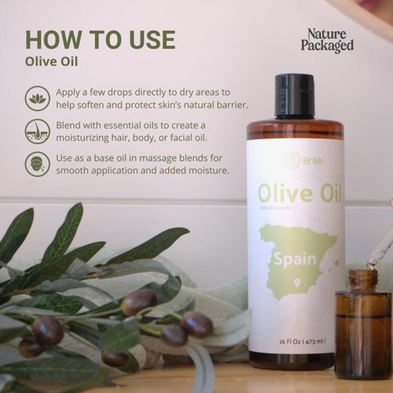 Nature Packaged Olive Oil - 100% Pure Cold Pressed Natural Olive Oil (Aceite de Oliva) for Essential Oils Dilution, Massage & Skincare - Premium Grade (16oz)
