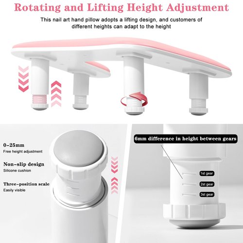 Ruetail Arm Rest for Nails Tech, Adjustable Height Nail Stand Hand Rest, Professional U-Shaped Nail Hand Pillow with 1Pcs Nail Brush, Leather Manicure Rest Stand, Salon Manicurist Essentials (Pink)