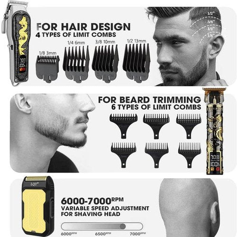 LQT Hair Clippers 3-Piece Men's Professional Cordless Haircutting Set with LED Display, Trimmer, Shaver, Beard Clipper - Gift for Man