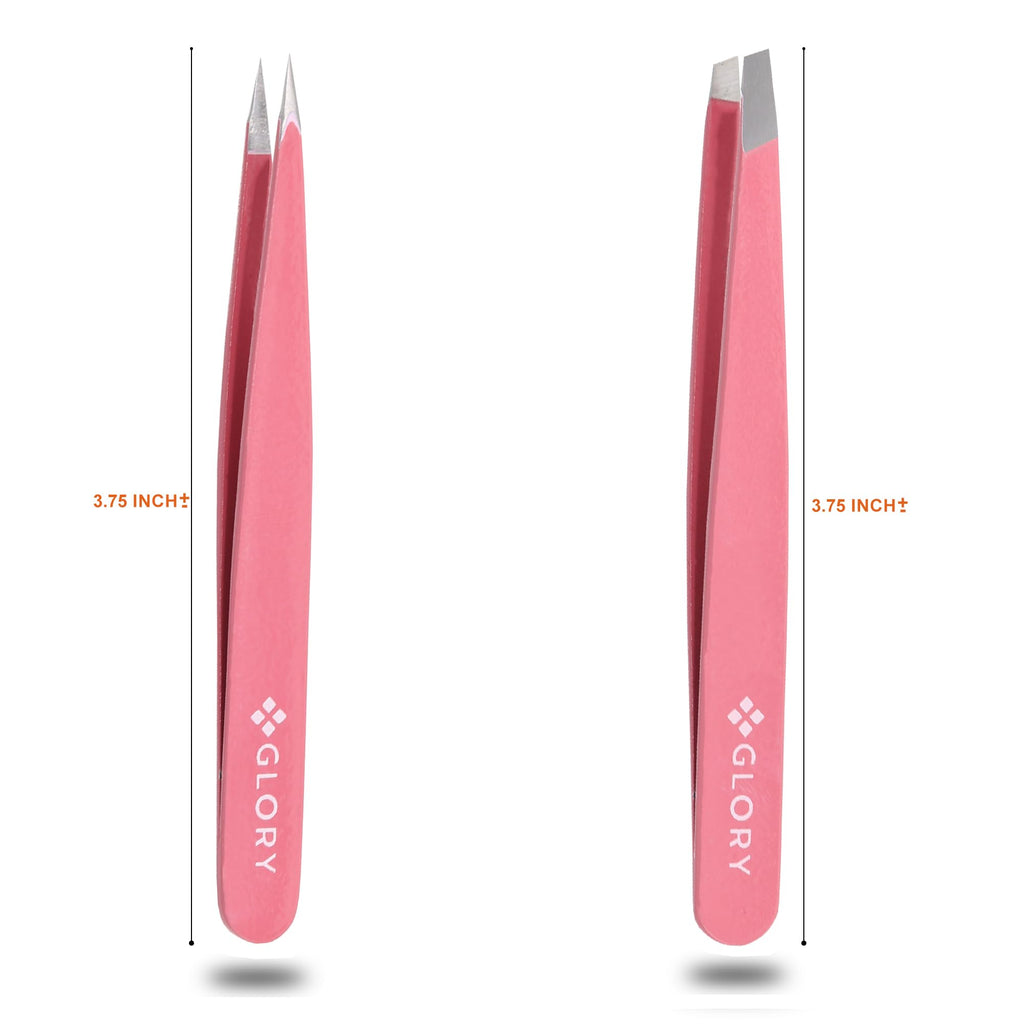 Glory Professional Precision Eyebrow Tweezers Series, Premium Stainless Steel Slanted & Pointed Hair Pluckers for Ingrown Hair, Splinters & Facial Grooming (Tweezers Set (Pink))