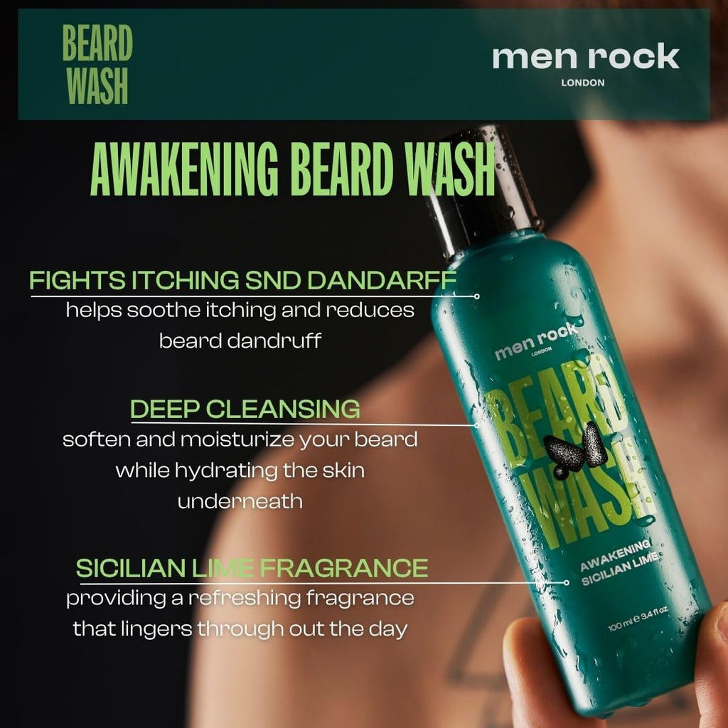 Men Rock Beardy Beloved Awakening Essential Beard Kit - Sicilian Lime - Beard Oil, Balm, and Wash - Mens Face Care - Skincare Products for Men - 3 Pc
