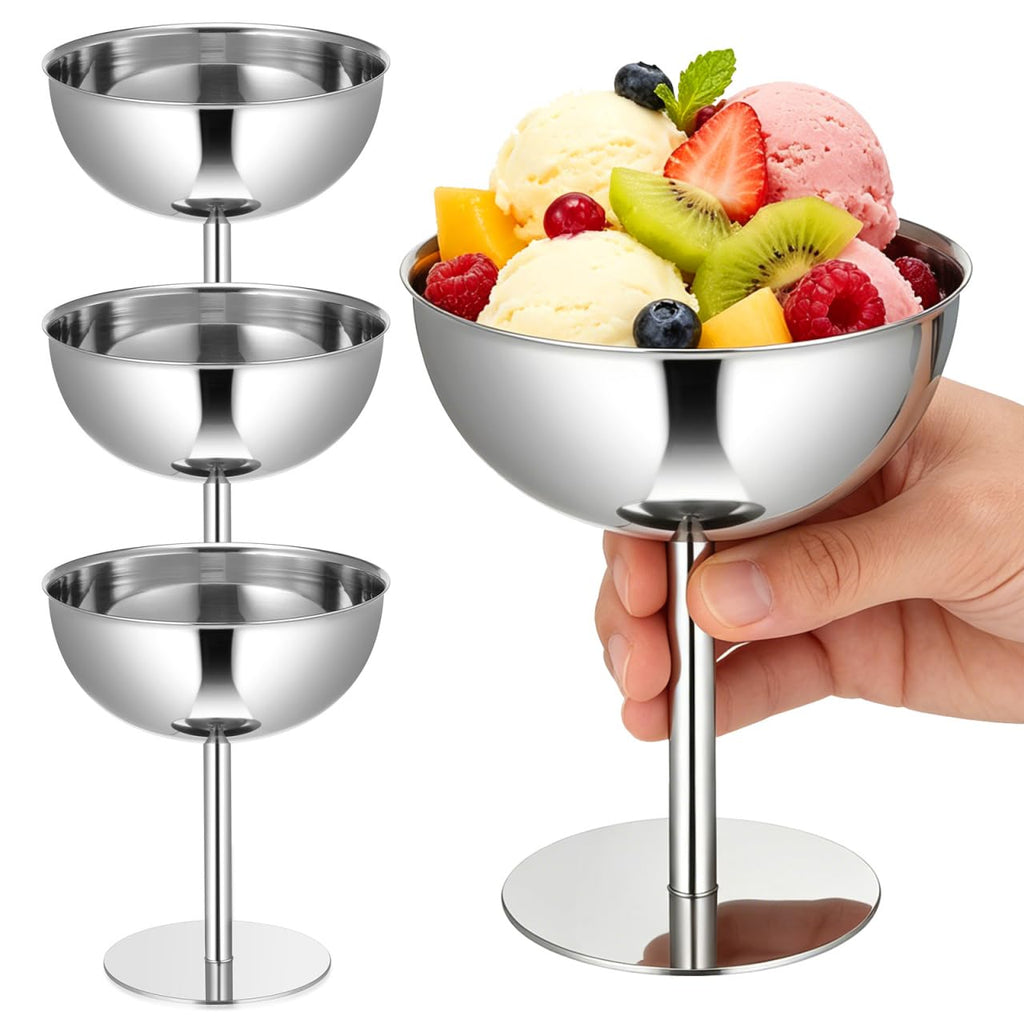 4PCS Stainless Steel Dessert Bowls, 5oz Ice Cream Cups, Stem Footed Metal Sundae Serving Dishes, Shatterproof Pudding Containers, Reusable Coupe Dessert Cup for Weddings Party Family Gathering(Silver)