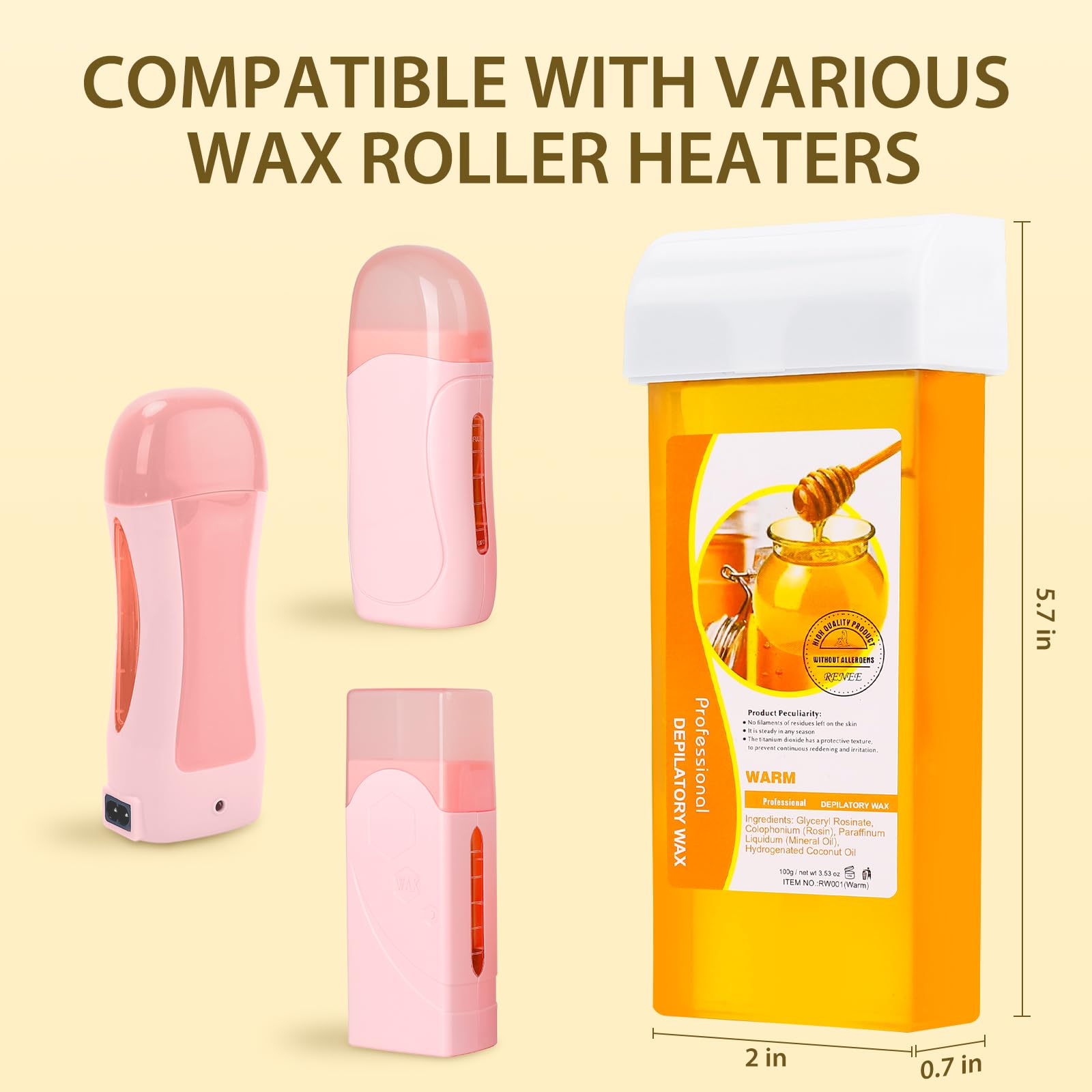 Roll on Wax Refill Kit: 4 Honey Wax Roller Refill & 10 Cleaning Wipes - Hair Removal Cartridge for Body Leg Arm (100g/3.53oz, 4 Pack)
