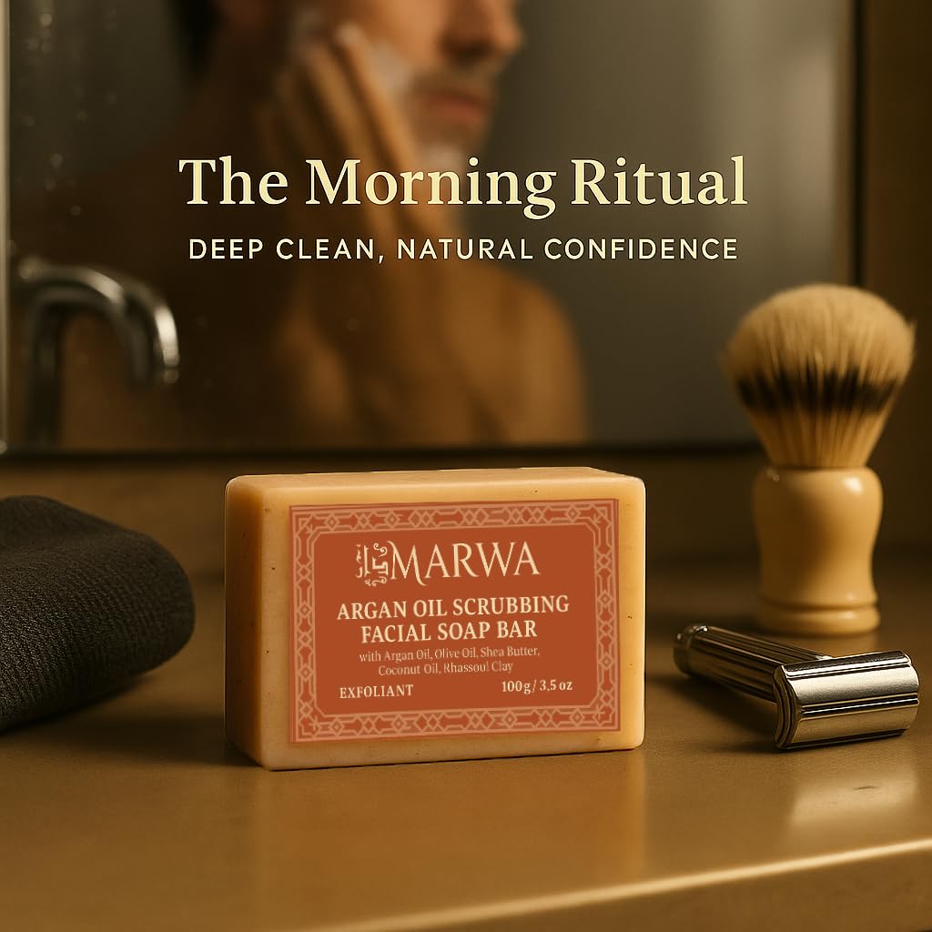 Dar Marwa Organic Vegan Argan Oil Exfoliating Soap - Handmade Face & Body Bar with Antioxidant Botanicals, Rhassoul Clay & Argan Scrub, 3.5oz