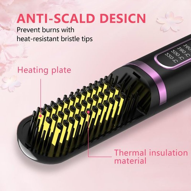 Cordless Hair Straightener Brush, Portable Straightening Brush for Women, Mini Negative Ion Hot Comb for Travel, 30Mins Auto-Off, USB Rechargeable, Fast Heating 4 Temperature Settings(Black)