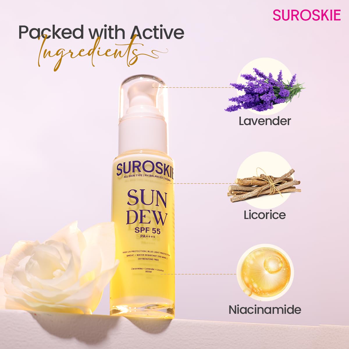 Suroskie Sun Dew SPF 55 PA++++ Sunscreen, Water-Resistant, Lightweight Formula with Lavender and Niacinamide, 50ml