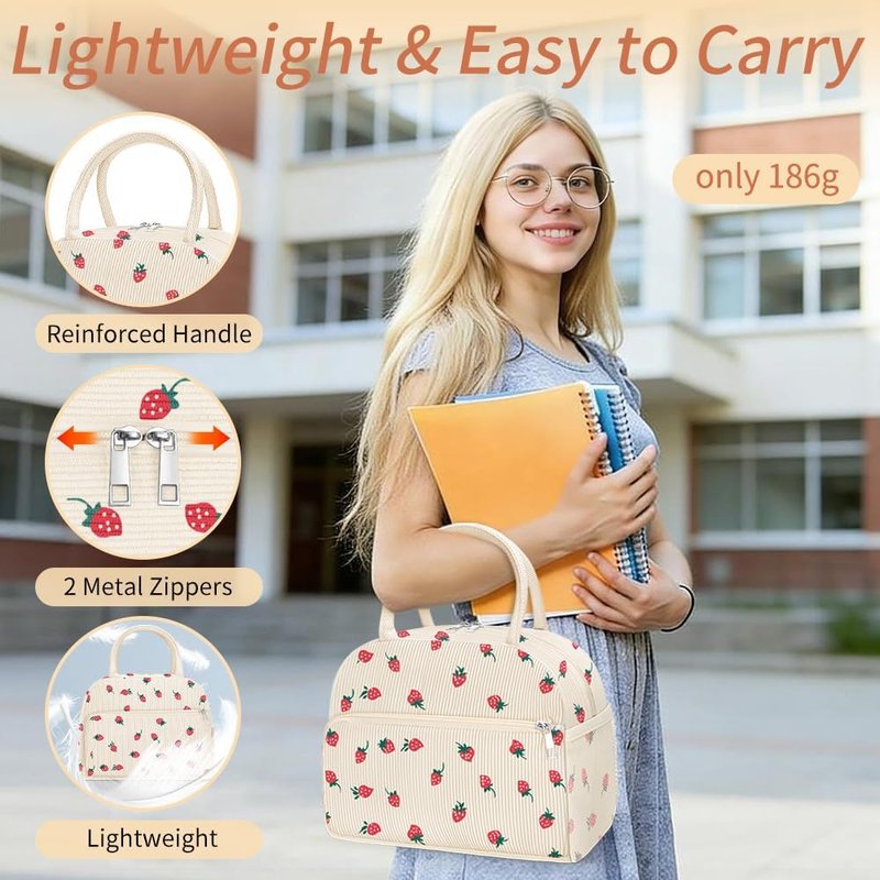 Coobiiya Corduroy Lunch Bag - Insulated Strawberry Tote for Work, Travel & Picnics | Large Capacity