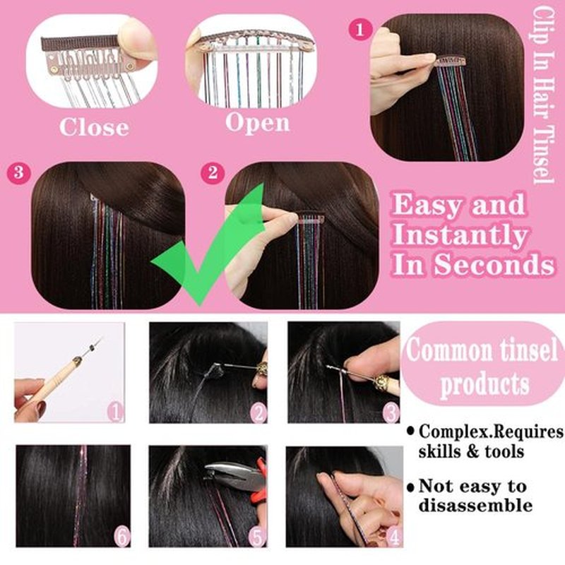 Hair Tinsel Clip in12 Pcs Blue Hair Tinsel Kit for Girls 22 Inch Glitter Fairy Tinsel Hair Extensions Colorful Heat Resistant Party Festival Accessories for Women (Blue)
