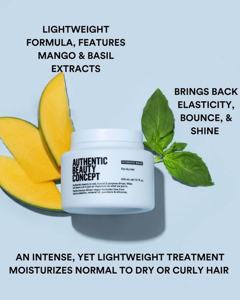 Authentic Beauty Concept Hydrate Mask - Moisture & Shine for Normal to Dry or Curly Hair | Vegan & Silicone-Free