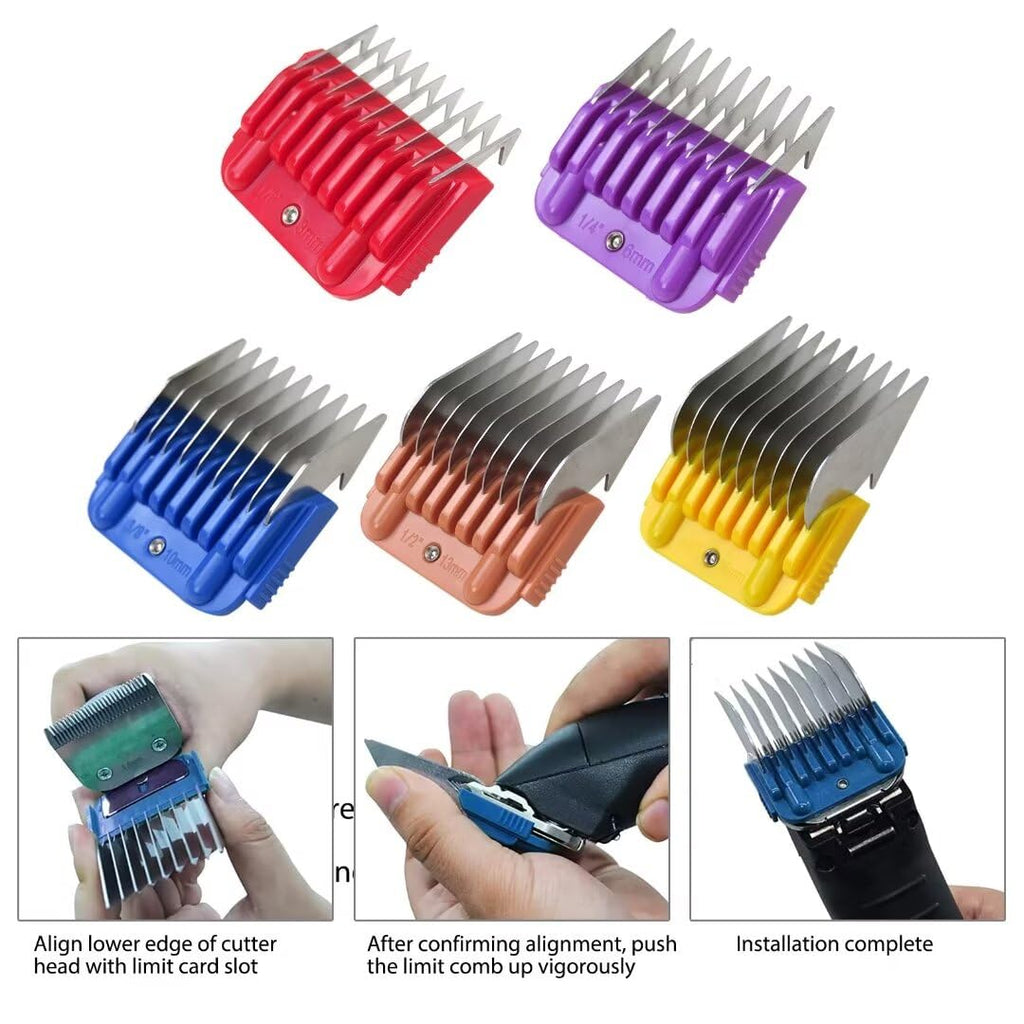 GruDawu 5 Pcs Stainless Steel Pet Clipper Guide Comb Kit for Andis Oster A5 Wahl KM10 Series Clipper Detachable Blade
