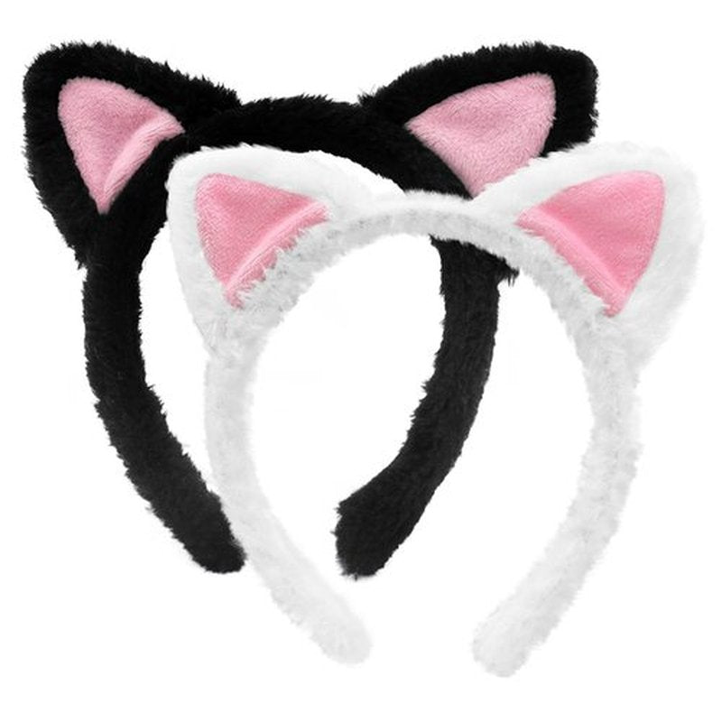 2-Pack Black and White Cat Ears Headbands - Pink Inner Ears, Fuzzy Kitten Headwear, Hair Accessories for Adults Kids, Spa, Skin Care, Plush Makeup, Halloween, Cosplay, and Animal-Themed Party Supplies