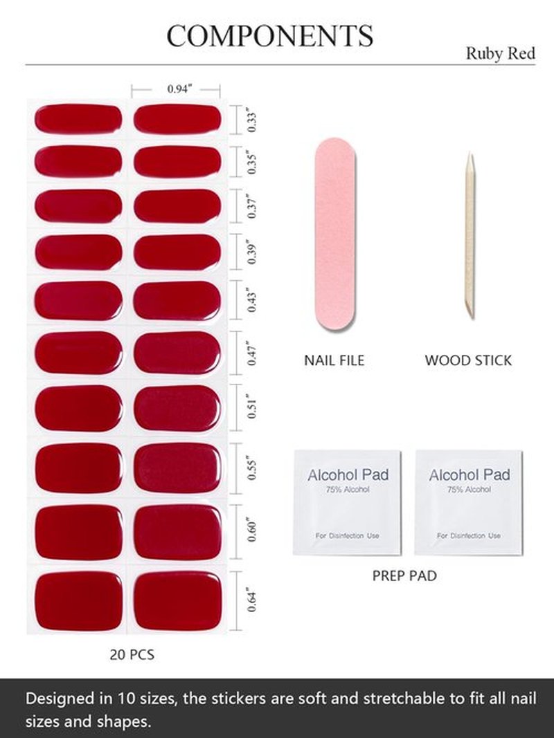 AutyaMee Semi Cured Gel Nail Strips (Ruby Red), 20 Pcs Gel Nail Wraps, Stickers, UV Light Required, Salon Quality, Long Lasting