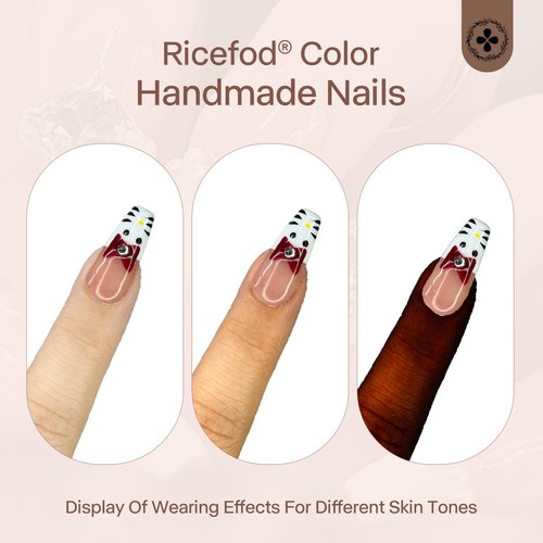 Ricefod Press on Nails Handmade Reusable Fake Nails with Cartoon Cat Design Press on False Nails French Tip Coffin Nails 10 Pcs Luxury Nails, Size:Large