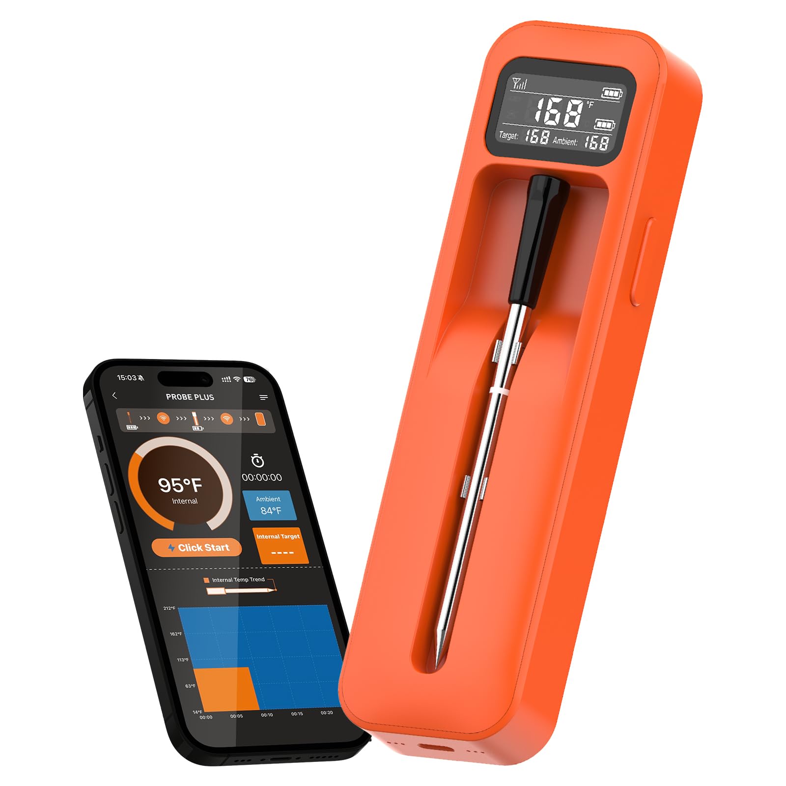 Smart Wireless Digital Meat Thermometer with Ceramic Probe, Food Thermometer Standalone Display Base 3000FT Range Real-time Monitoring ±0.5°F Accuracy,for BBQ/Oven/Grill/Smoker/Air Fryer