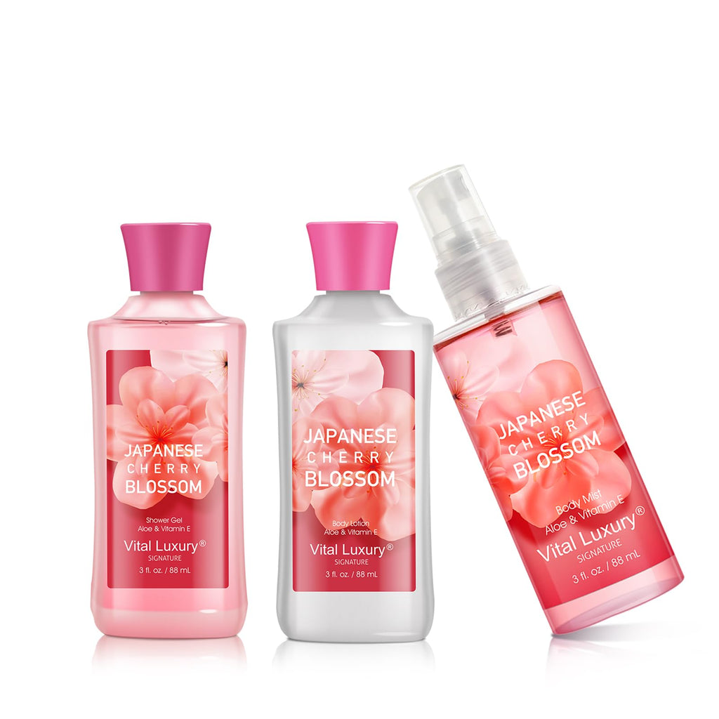Bath and Body Gift Set – Japanese Cherry Blossom Spa Kit for Women, 3PC Travel Size Set with Shower Gel, Body Lotion, and Fragrance Mist, Body Care Set for Gifting, Bridesmaid Gifts