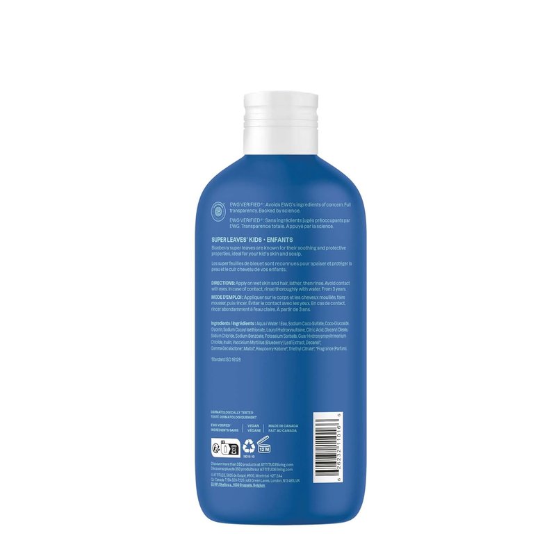 ATTITUDE Kids Shampoo & Body Wash - EWG Verified, Vegan, Plant-Based Cleanser, Blueberry, 16 Fl Oz
