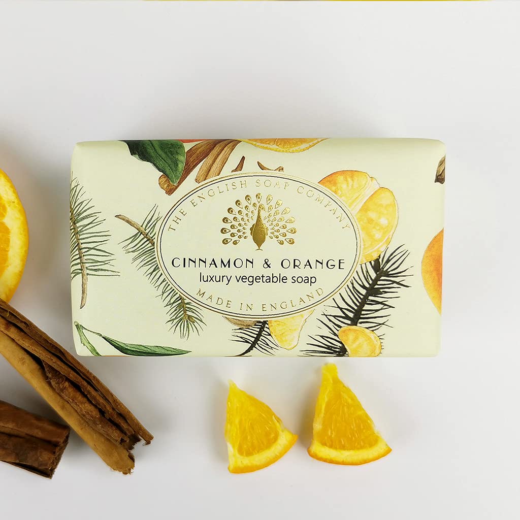 The English Soap Company Vintage Wrapped Soap Bar, Luxury Cinnamon Shea Butter Soap Bar, Moisturising Soap Bar for Face & Body, Cinnamon & Orange Scent 6.7 oz