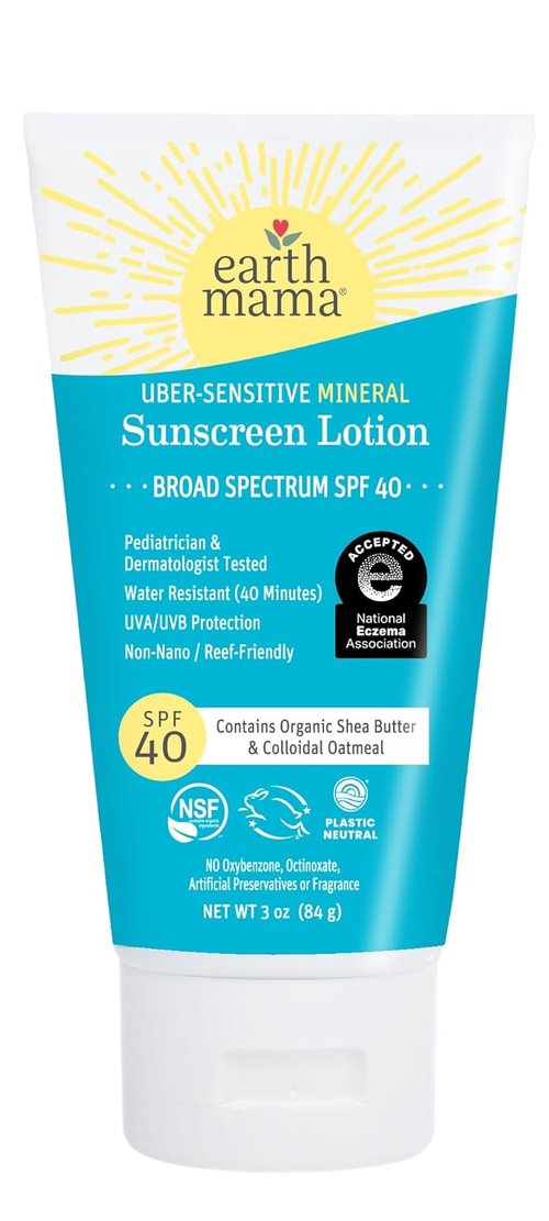 Earth Mama Uber-Sensitive Mineral Sunscreen Lotion SPF 40 - Non-Nano Zinc & Organic Oatmeal | 3-Ounce Eczema Cream for Baby & Family