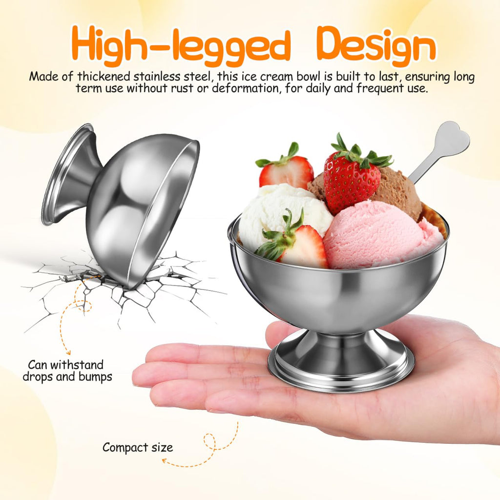 Housoutil Ice Cream Cups, 4 Pcs Stainless Steel Serving Dessert Bowls, Round Sauce Bowls, Reusable Footed Yogurt Snack Candy Cups for Cake Salad Fruit Pudding Snacks Christmas Party