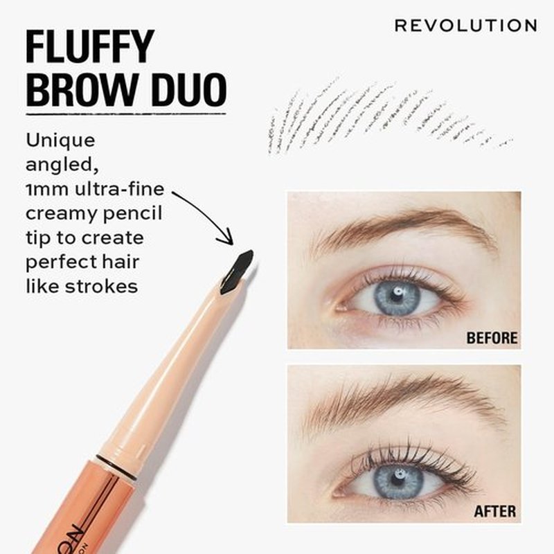 Revolution, Fluffy Brow Filter Duo, 2-in-1 Eyebrow Pencil & Gel, Enhances & Shapes Brows, Vegan & Cruelty Free, Dark Brown, 1 piece