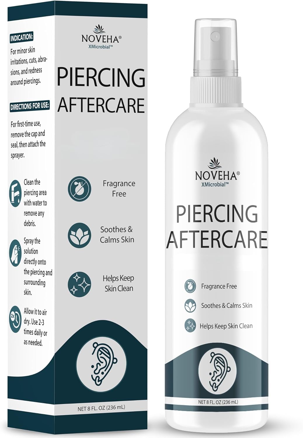 NOVEHA Piercing Aftercare Spray - Fast Cleaner Solution for Ear, Nose, and Belly Piercings - Keloid and Bump Cleaning with Hypochlorous Acid - 8 oz Bottle