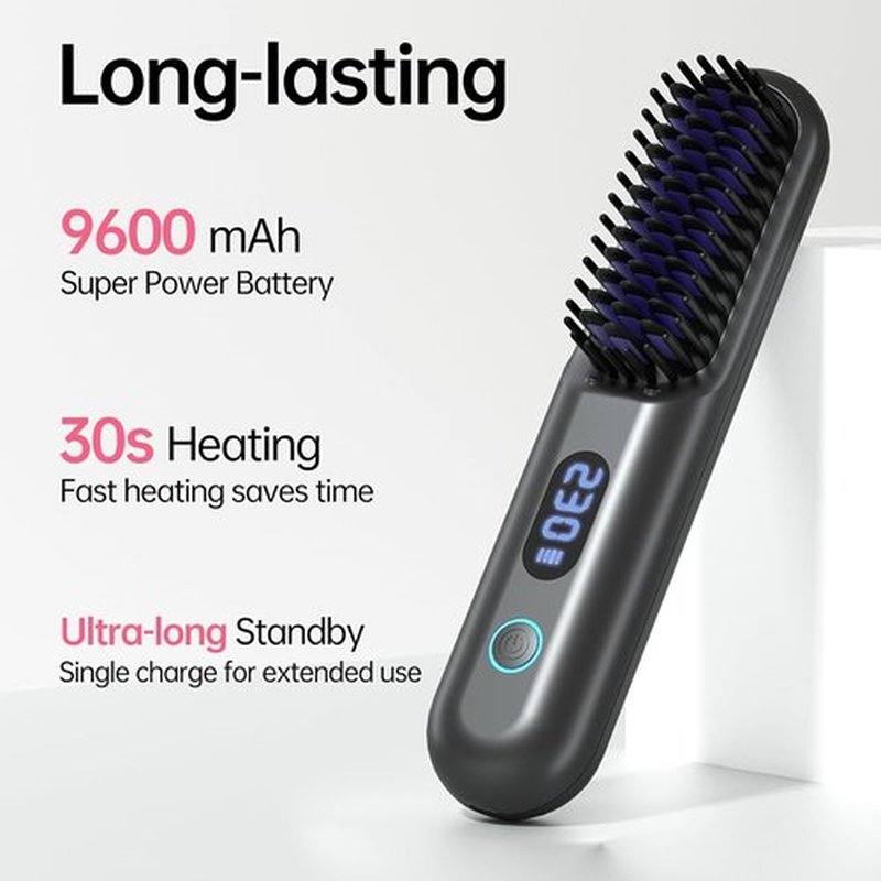 Skiennix Cordless Hair Straightener Brush - Portable Comb with 9600mAh Battery, Plasma Technology, 9 Temp Settings & LED Display - Ideal for Travel & Home (Grey)
