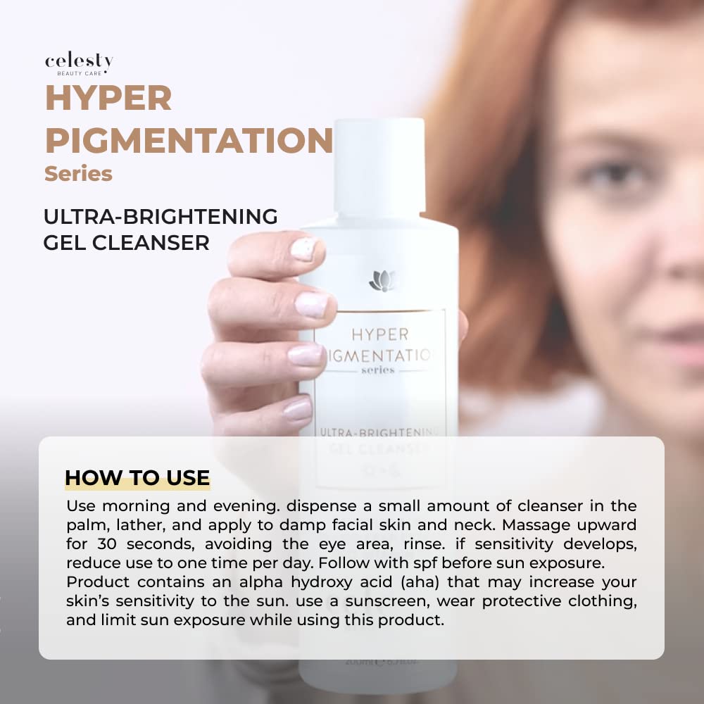 Celesty Beauty Brightening Glowing Face Wash, Facial Cleanser Gel, Vitamin C, Glycolic Acid (AHA), Salicylic Acid (BHA), Uva Ursi Leaf Extract Pro Vitamin B5 for Sensitive Smooth Skin Large 6.7 fl.oz.