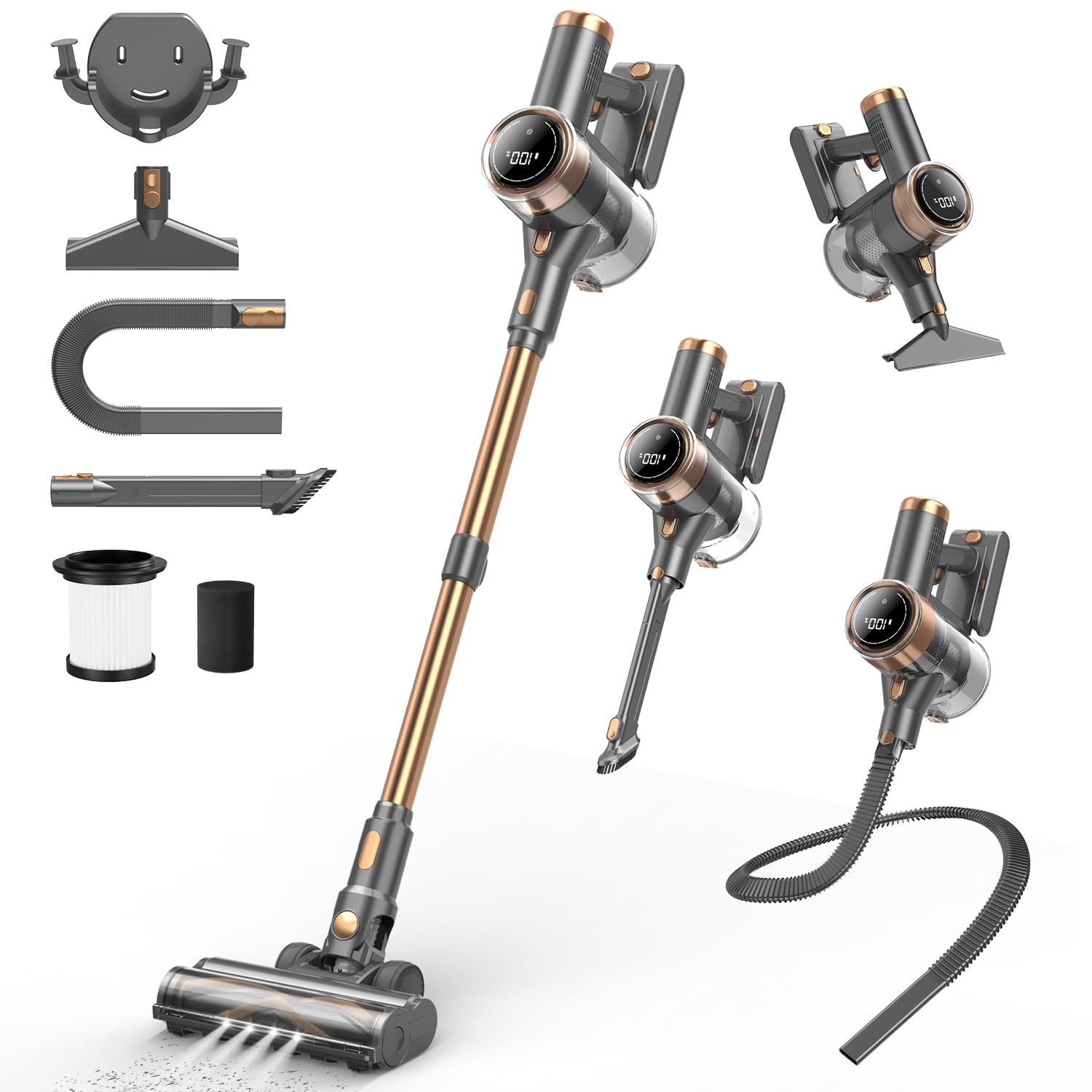 NuYupo Cordless Vacuum Cleaner, 10-in-1 Lightweight Stick Vacuum with 45mins Runtime, Powerful Suction, LED Touch Screen, Rechargeable Vacuum Cleaners for Home Hardwood Floor Carpet Pet Hair (Gold)