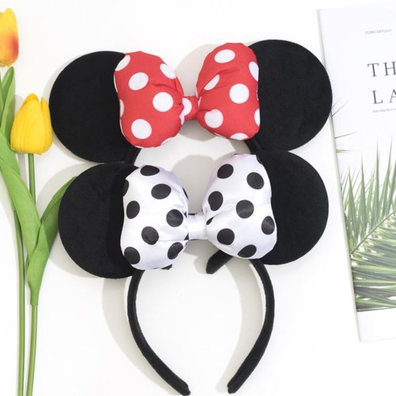 Jeffan Mouse Ear Headband with 3D Cotton Bow, Polka Dot Bow Mouse Party Costume Accessories for Women Girls (Black)