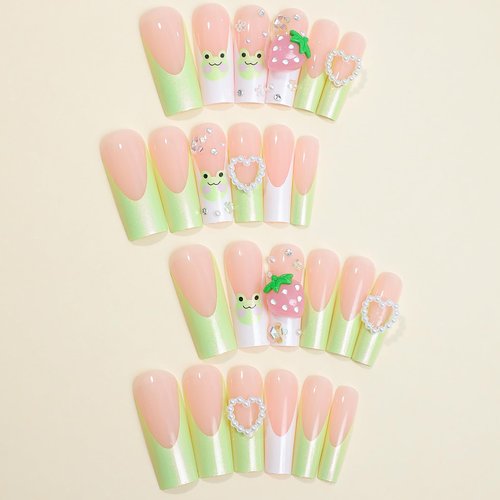 24Pcs Long Press on Nails Square Fake Nails French False Nails with Cute Frog & 3D Strawberry Designs Pearl Press on Nails Full Cover Stick on Nails for Women and Girls Reusable Acrylic Nails