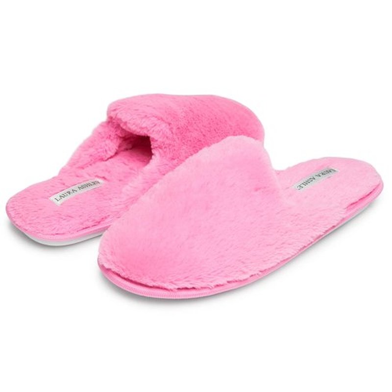 Laura Ashley Scuff Slippers, Plush Animal Print Slip-Ons for Women with Memory Foam Insole, Fuschia Pink Medium