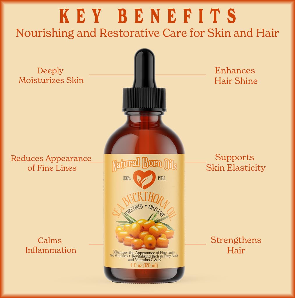 Natural Born Oils 4oz Sea Buckthorn Oil, 100% Pure and Natural, Organic, Cold-pressed, Unrefined, Revitalizing, Includes Pump & Dropper