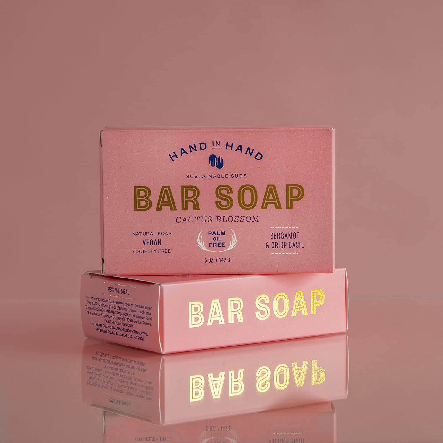 Hand in Hand Bar Soap, Nourishing Cleanser For All Skin Types, Organic Shea and Cocoa Butters, 5 Ounce, Bergamot & Crisp Basil, Cactus Blossom Scent, 4 Pack