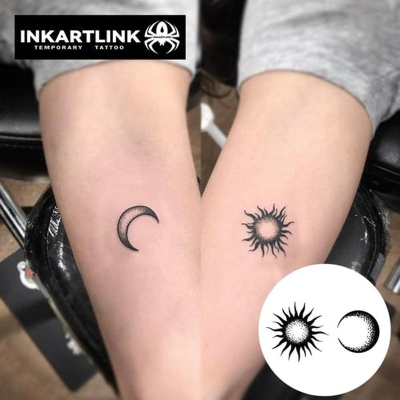 INKARTLINK Semi Permanent Tattoos, 3 Small-sized Temporary Tattoo Stickers for Valentine's Day, Perfect for Couples, Party Favors, Waterproof, Realistic, No Adhesive, Lasts 1-2 Weeks (Sun and Moon)