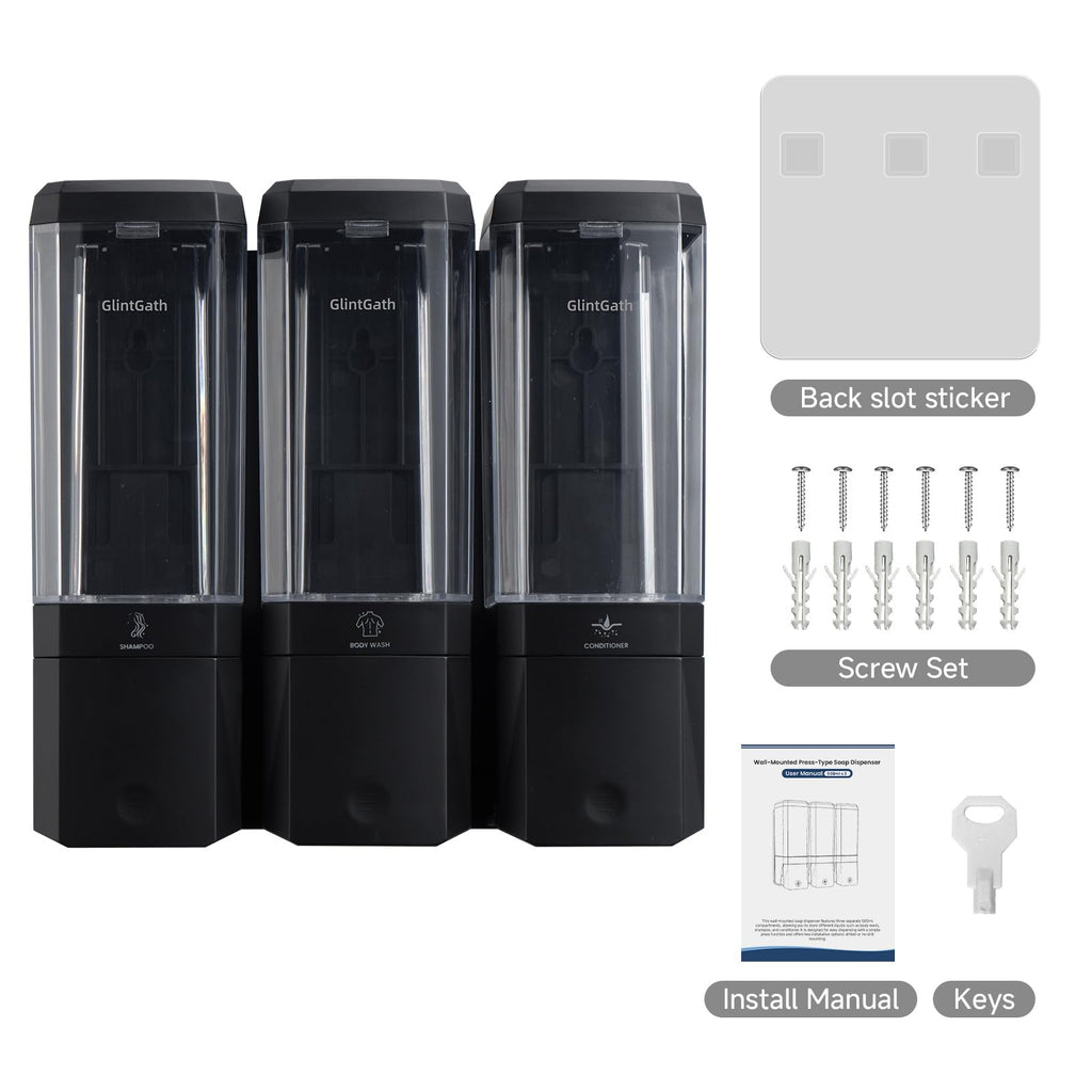 Shampoo and Conditioner Dispenser,GlintGath Shower Dispenser 3 Chamber No Drill Shampoo Dispenser for Shower Wall Mounted Shower Soap Dispenser for Bathroom Hotel,Large Capacity 3 * 500ML, Black