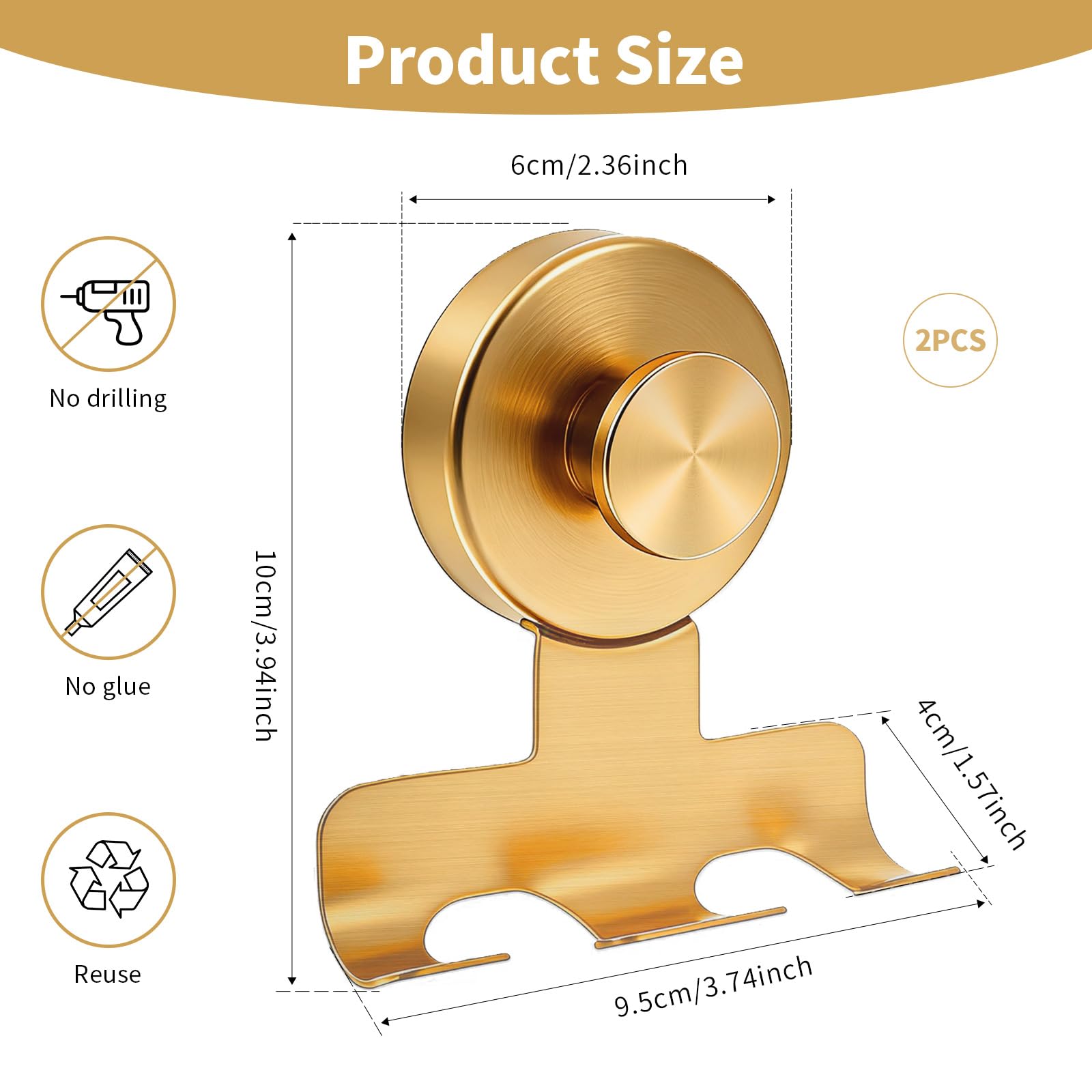 Fliverly Suction Cup Razor Holder,Stainless Steel Wall Mount Hooks,Heavy-Duty to 15 lbs,No-Drill Shower Hooks for Razors, Towels and Loofahs (Gold, 2 Pack)