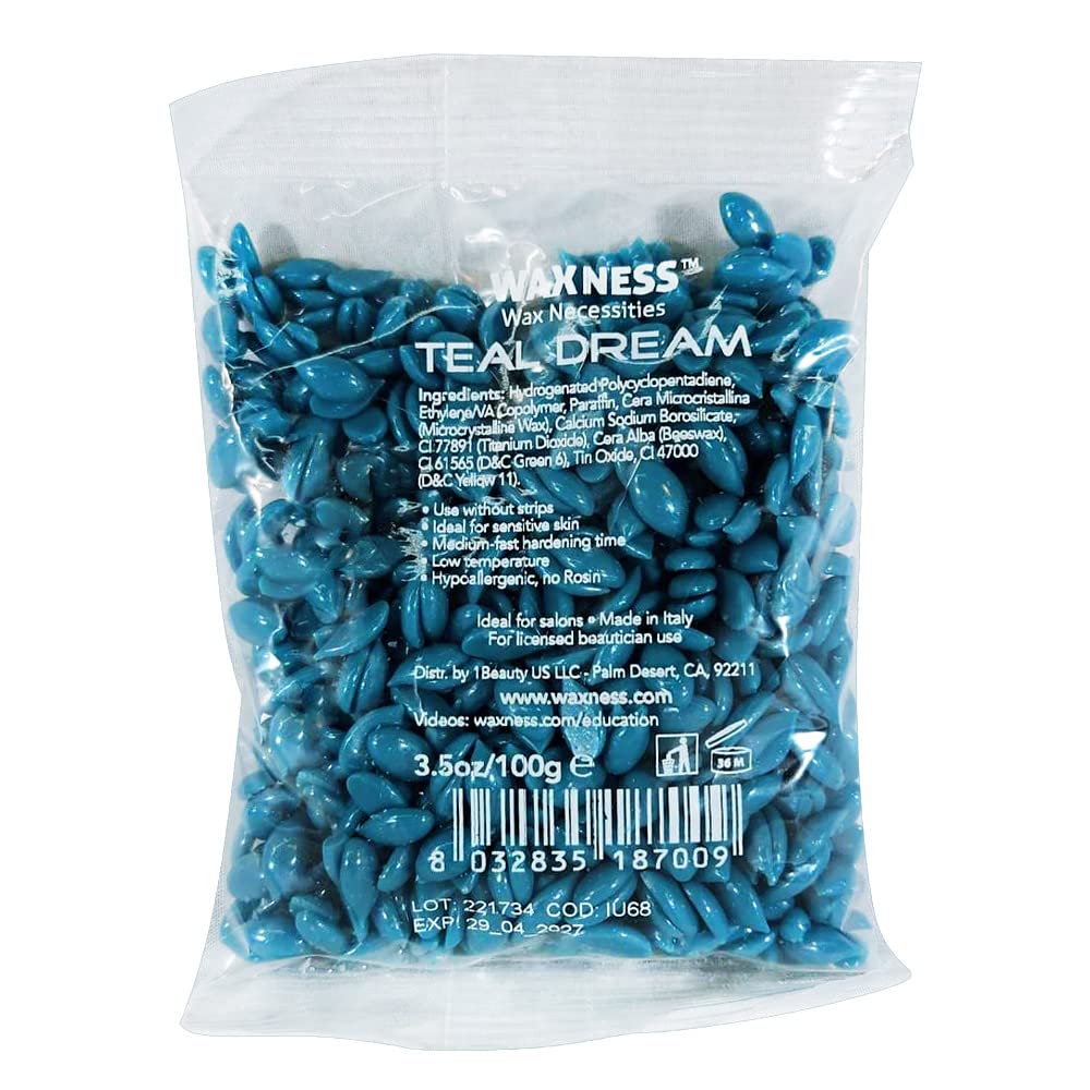 Waxness Teal Dream Hard Wax Beads Sample Size 3.5 oz (100 g) – Rosin-Free Stripless Wax for Sensitive Skin, Creamy Texture, Professional Use – Made in Italy