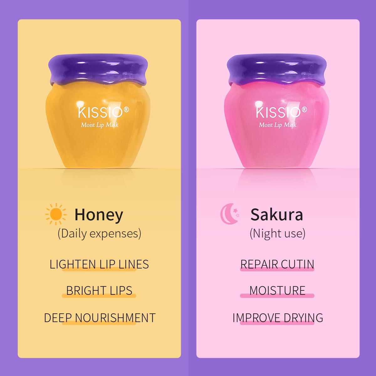 KISSIO Lip Mask,Honey and Cherry Lips Mask Set,Repair Lips Day and Night,Plant Extract,Moisturize Overnight,Hydrating Lip Balm(2 pcs)