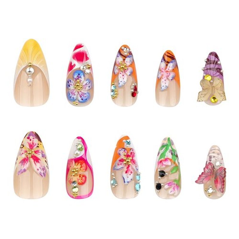 24Pcs Handmade Press on Nails Medium Almond Fake Nails 3D Colorful Spring Floral Butterfly with Gold Charm Beads Rhinestones Glitter Design French Tip False Nails Glue on Nails for Women Acrylic Nail