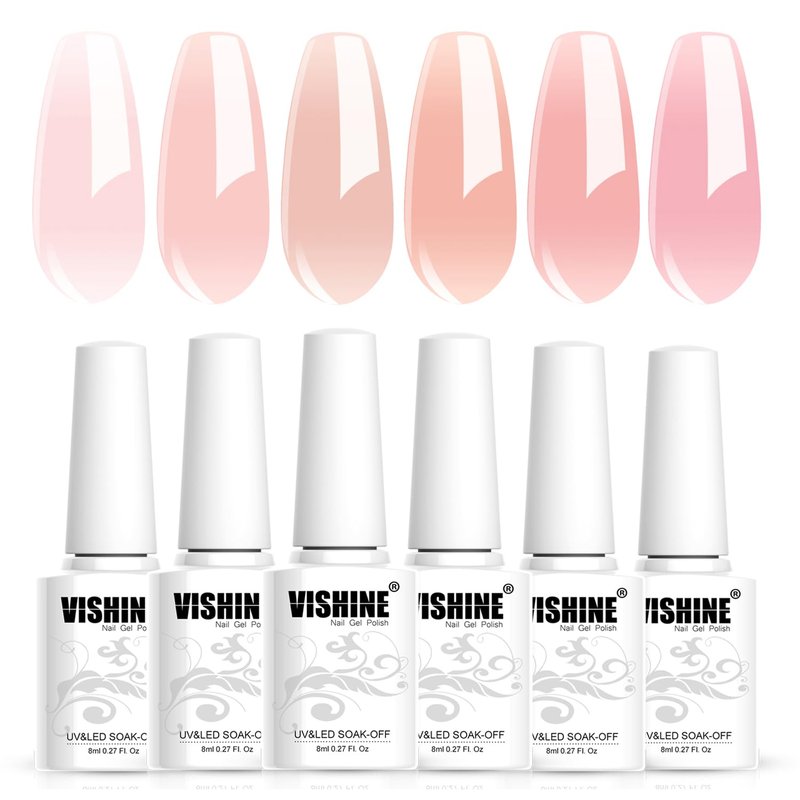 Vishine Jelly Gel Nail Polish 8ML Set Sheer Nude Pink Gel Polish Crystal Transparent Gel Polish Kit Nail Art Varnish Manicure Collection Gift Set 6PCS