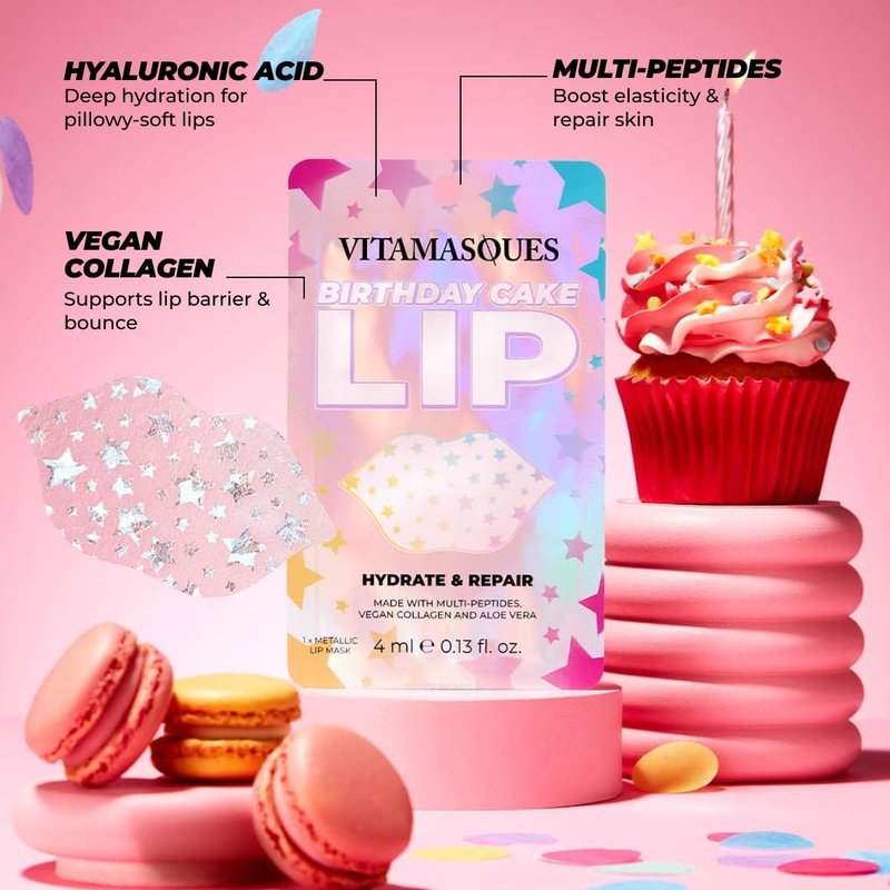 Vitamasques Lip Mask - Birthday Cake Collagen Sheets for Dry & Chapped Lips | Nourishing & Hydrating 3-Pack