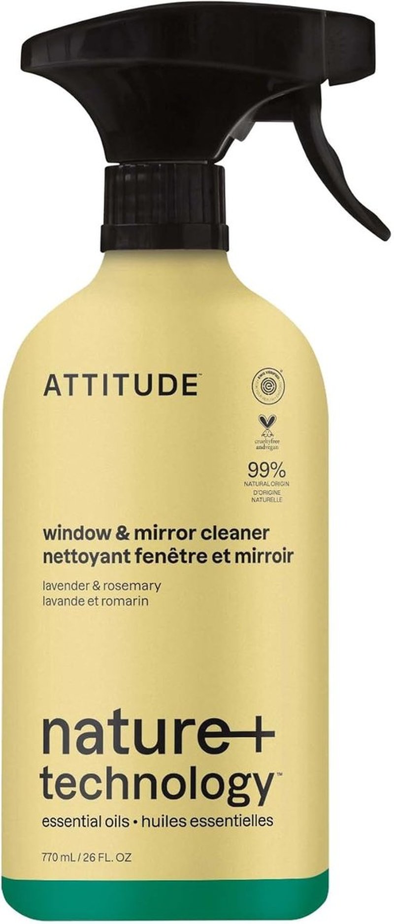 ATTITUDE Window & Mirror Cleaner Spray - Plant-Based, Streak-Free Formula with Lavender & Rosemary, 26 Fl Oz