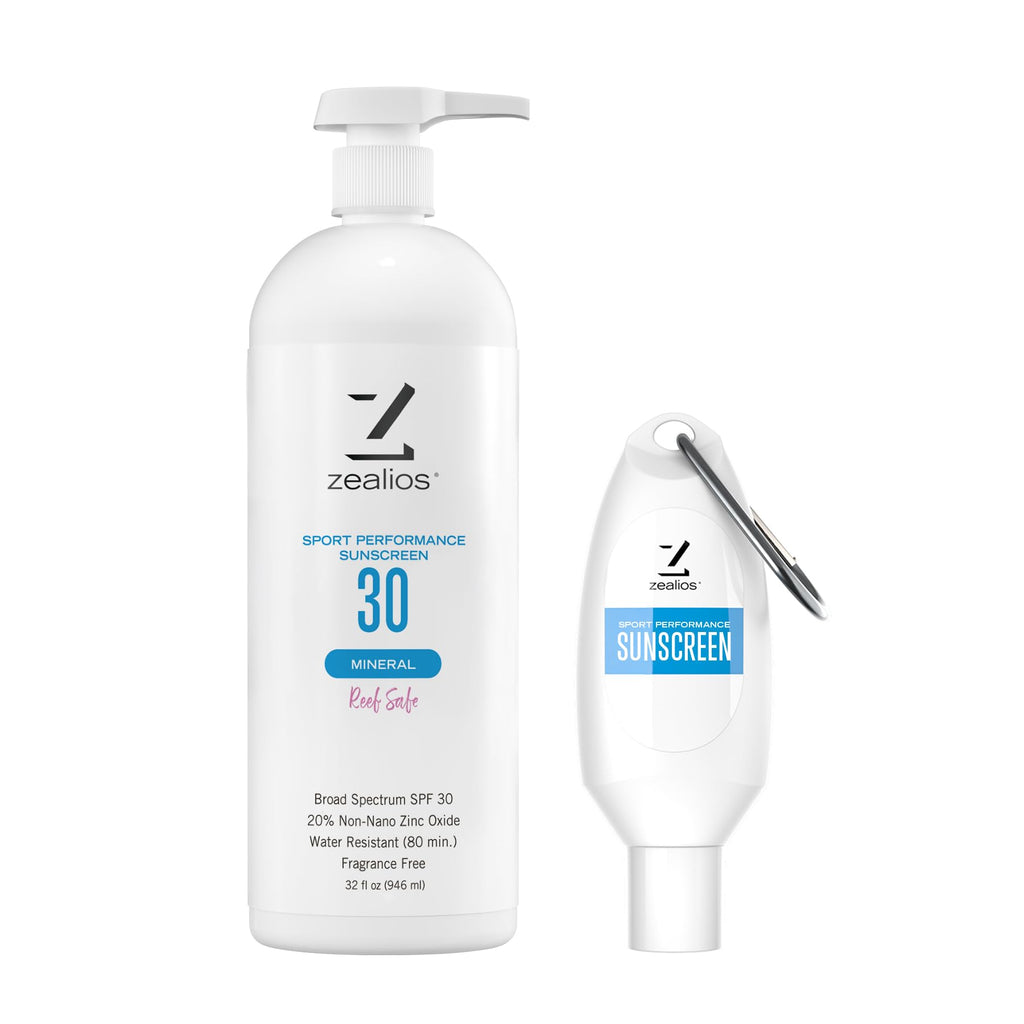 Zealios Sport Performance Mineral Reef Safe SPF 30 Sunscreen, 32 oz Bottle Plus Travel Bottle, Water & Sweat Resistant (80 min) Non-Greasy, 20% Non-Nano Zinc Oxide for Running, Cycling, Swimming