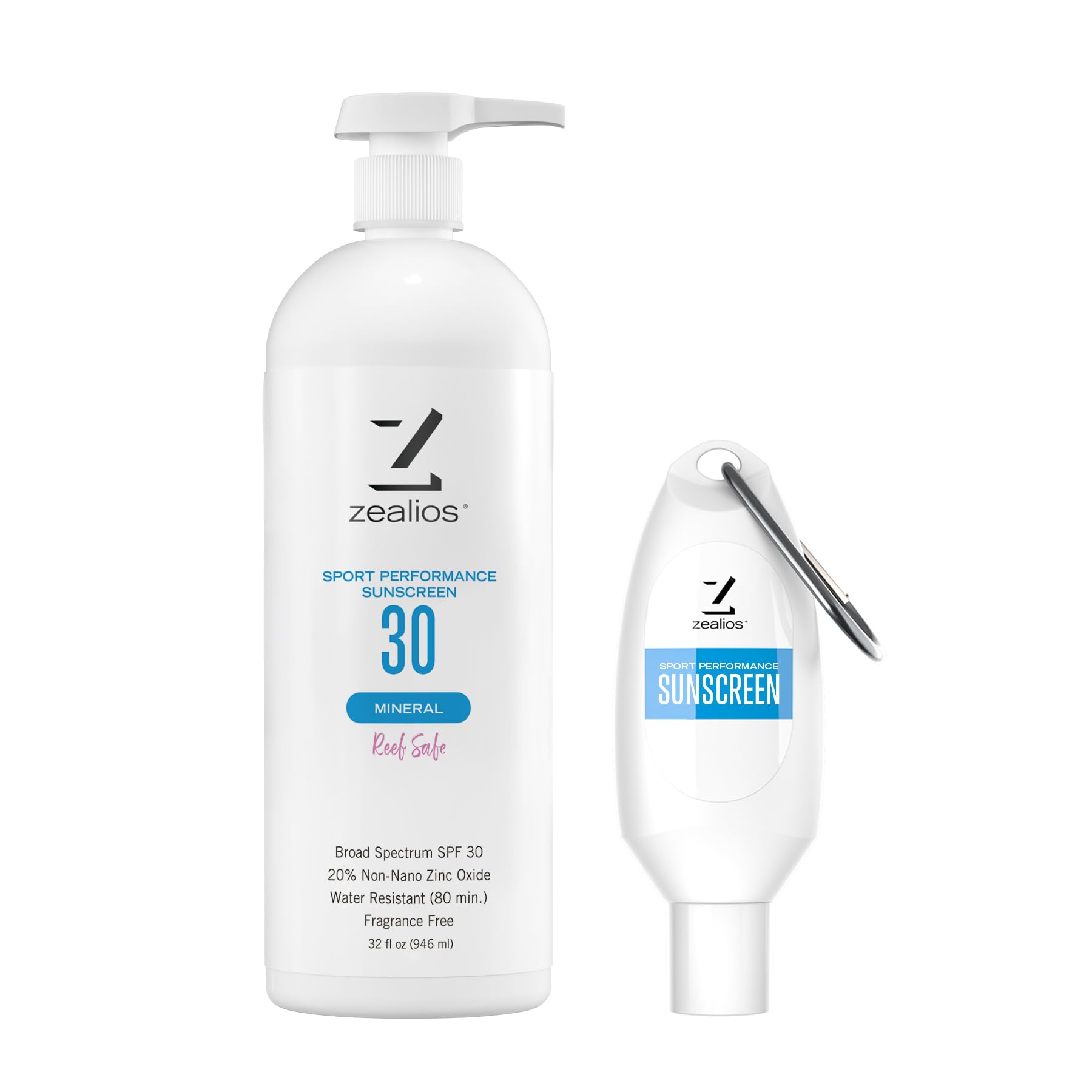 Zealios Sport Performance Mineral Reef Safe SPF 30 Sunscreen, 32 oz Bottle Plus Travel Bottle, Water & Sweat Resistant (80 min) Non-Greasy, 20% Non-Nano Zinc Oxide for Running, Cycling, Swimming