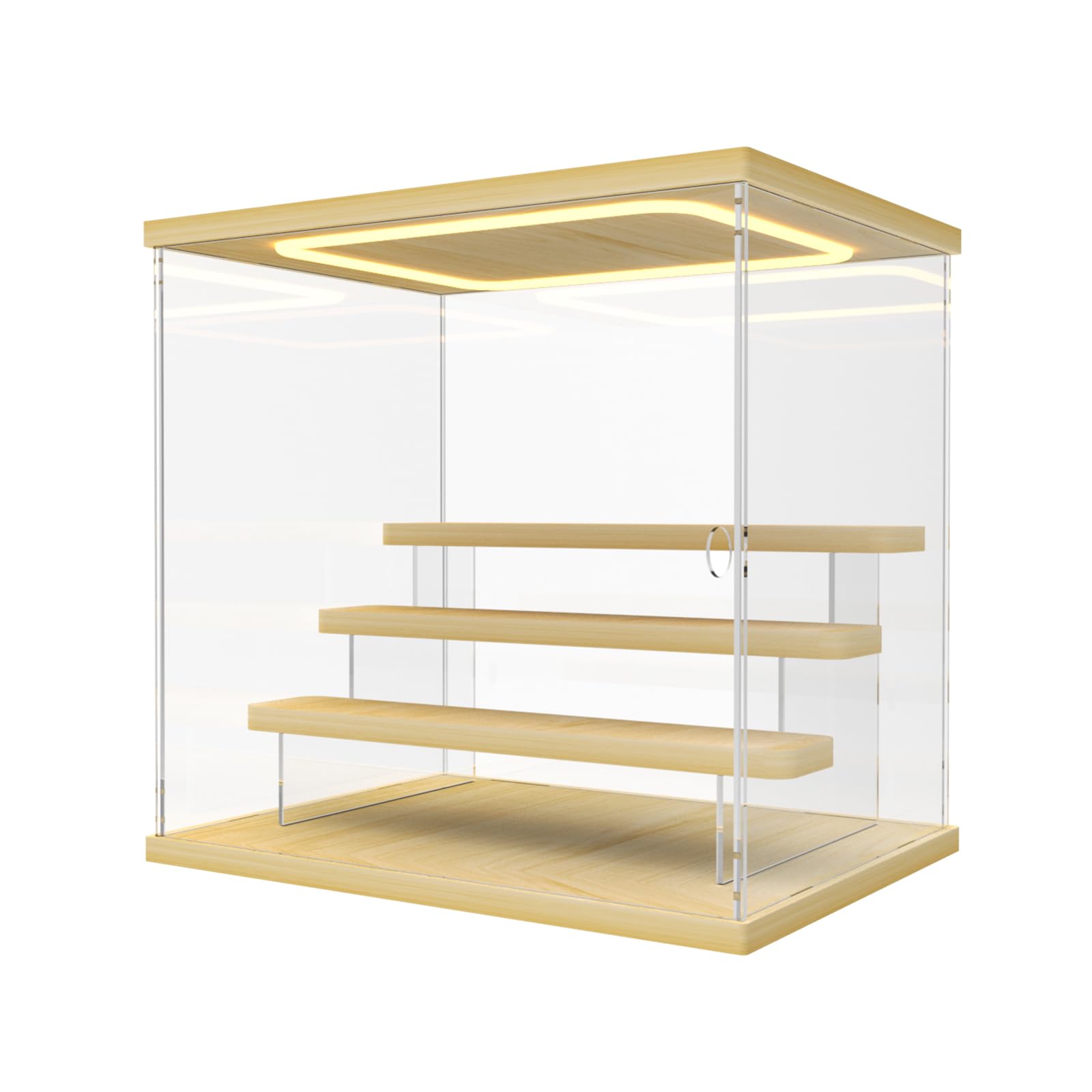 Nynelly Acrylic Lighted Display Case for Collectibles, 4 Tier Figure Display Box with Door and Steps, Assemble Dustproof LED Showcase Storage Box for Mini Figures, Funko Pop, Toys, Wood Color