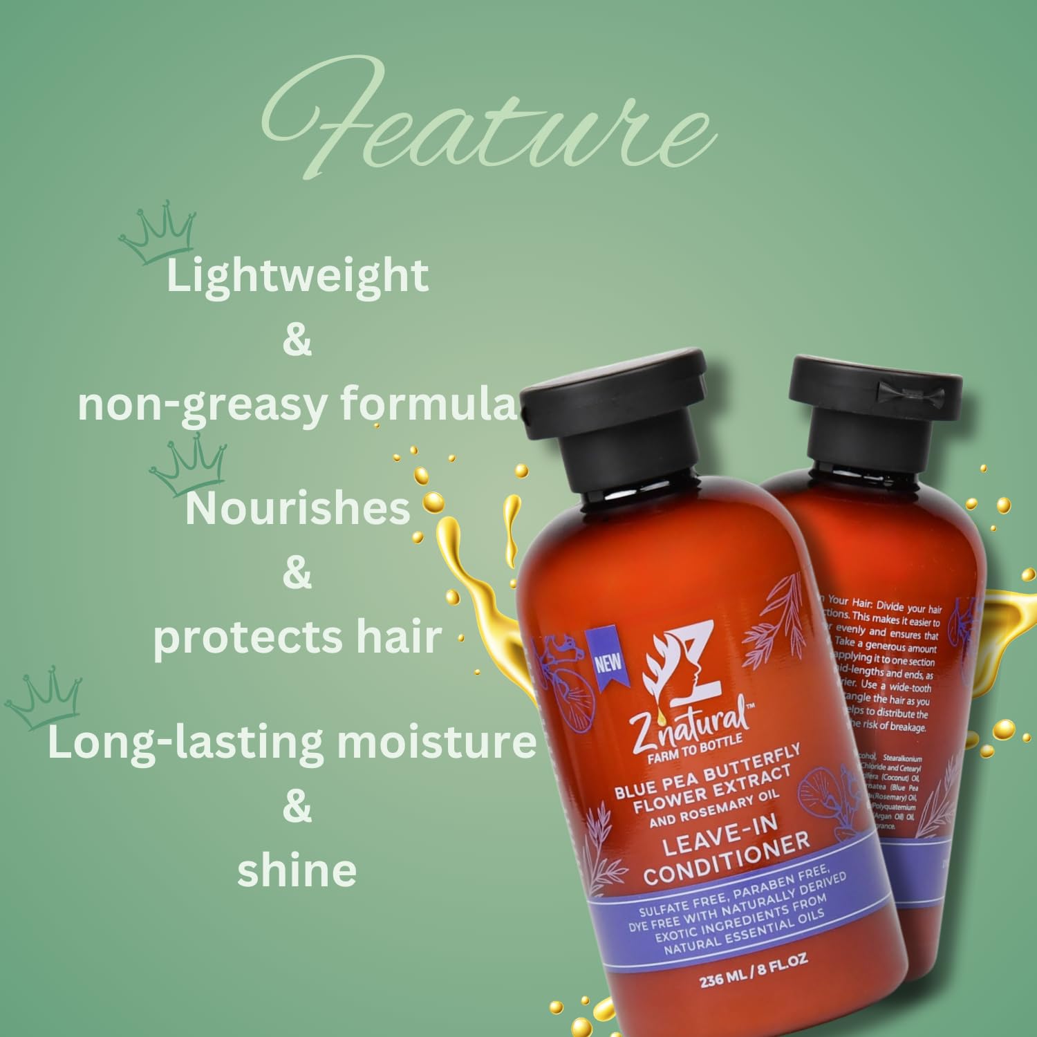 Z’Natural Leave-In Conditioner for Curly Hair - Deep Moisture & Detangling - Natural Blue Pea, Aloe Vera & Argan Oil - Sulfate & Paraben Free - 236ml