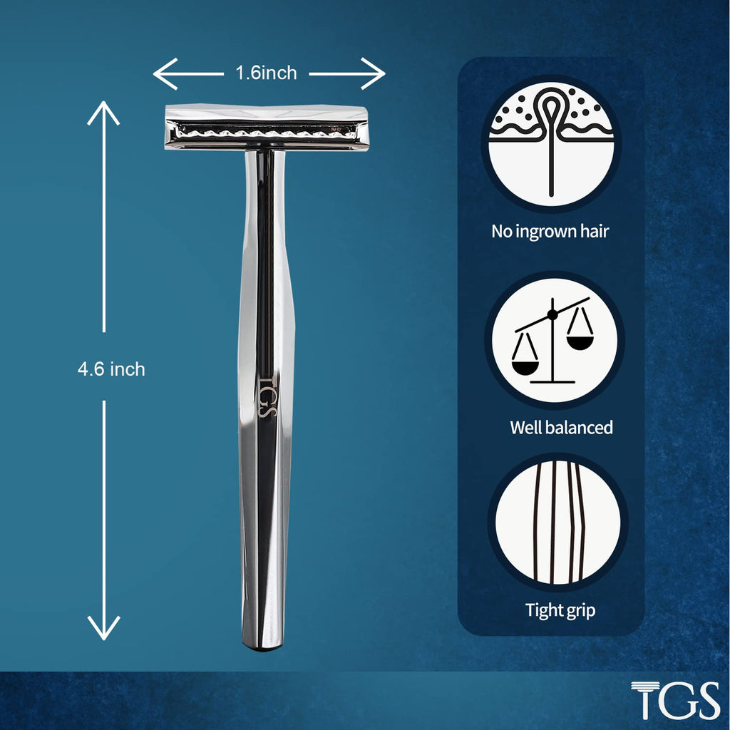 The Grooming Society Double Edge Safety Razor, Classic for Men and Women, Reusable Safety Razor, Metal Long Handle Safety Razor, 10 Blade Refill
