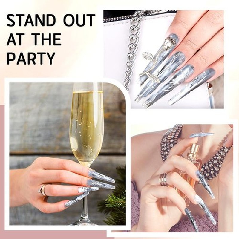 Long Sliver Press On Nails Pearl Artificial Nails, Almond Rose Butterfly Reusable Stick on Nails, Heavy Duty Nails for Women Girl Bride, Party Costume Fingernail Cosplay Drama Dance Show Decoration-L