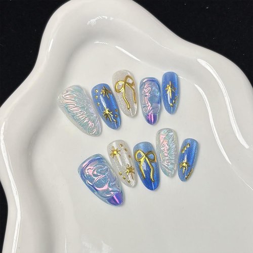 30Pcs Gowabory Almond Press on Nails Medium Fake Nails with 3D Aurora Water Ripple Gilded Bow Flashing Cat's Eye Designs, Summer Fall Acrylic Artificial False Nails Press Ons Stick On Nails for Women