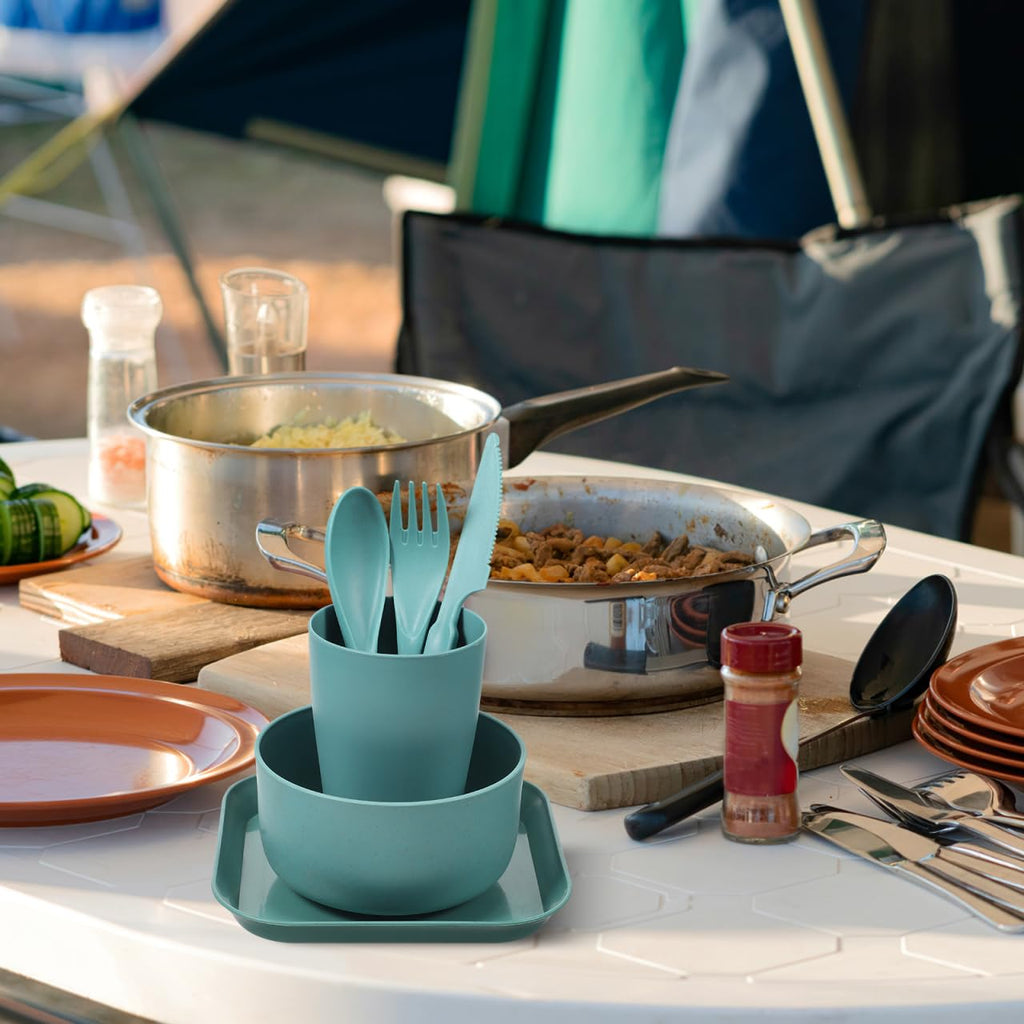 NOLITOY Wheat Straw Dinnerware Set 6 Pcs Plates and Bowls Sets - Microwave Dishwasher Safe Plates Compact Small Unbreakable Dinnerware for Camping, Outdoor Picnic, BPA Free, Blue